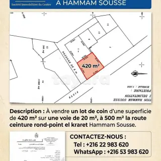 Terrain d'angle de 420 m² avec titre individuel à Hammam Sousse