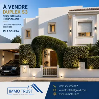 Duplex S+3 indépendant de 145 m² avec terrasse de 100 m² et jardin à La Soukra