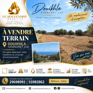 Terrain de 1000 m² avec vue sur mer à Douikhla, Hammamet Sud