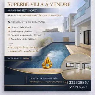 Villa triplex S+4 neuve avec piscine et vue mer à Hammamet Nord