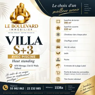 Villa de plain-pied S+3 haut standing avec piscine privée, Mrezga